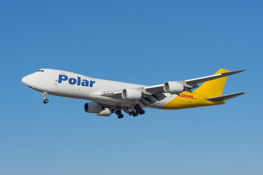 Los Angeles, California, USA - December 19, 2021: this image shows DHL Polar Air Cargo Boeing 747-8 Freighter with registration N853GT arriving at LAX, Los Angeles International Airport.
