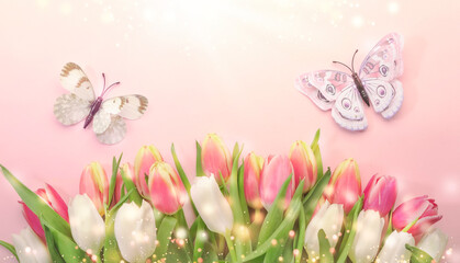 Spring Easter composition with pink tulips flowers and butterflies on pastel background. Valentine's, Women's, Mother's Day concept, top view, copy space