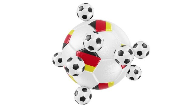 Realistic seamless looping satisfying 3D animation of the Federal Republic of Germany flag spinning soccer football ball with orbital rolling small balls as satellites rendered in UHD with alpha matte