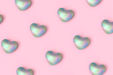 Pink pattern background with iridescent hearts. 3D illustration