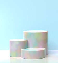 Blue scene with iridescent glossy podiums. 3D image