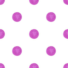 Geometric seamless pattern with small purple hand painted circles on white background. For textile, print, etc.