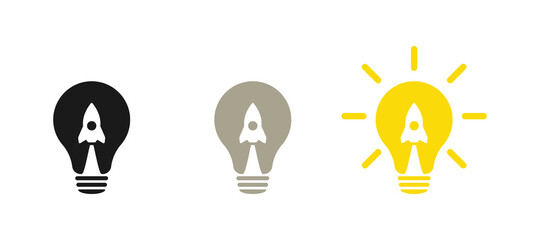 Lamp and rocket. Light bulb and airplane symbol or icon. Takeoff concept. Web design.