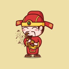 cute cartoon god caishen in chinese new year playing sexophone. vector illustration for mascot logo or sticker