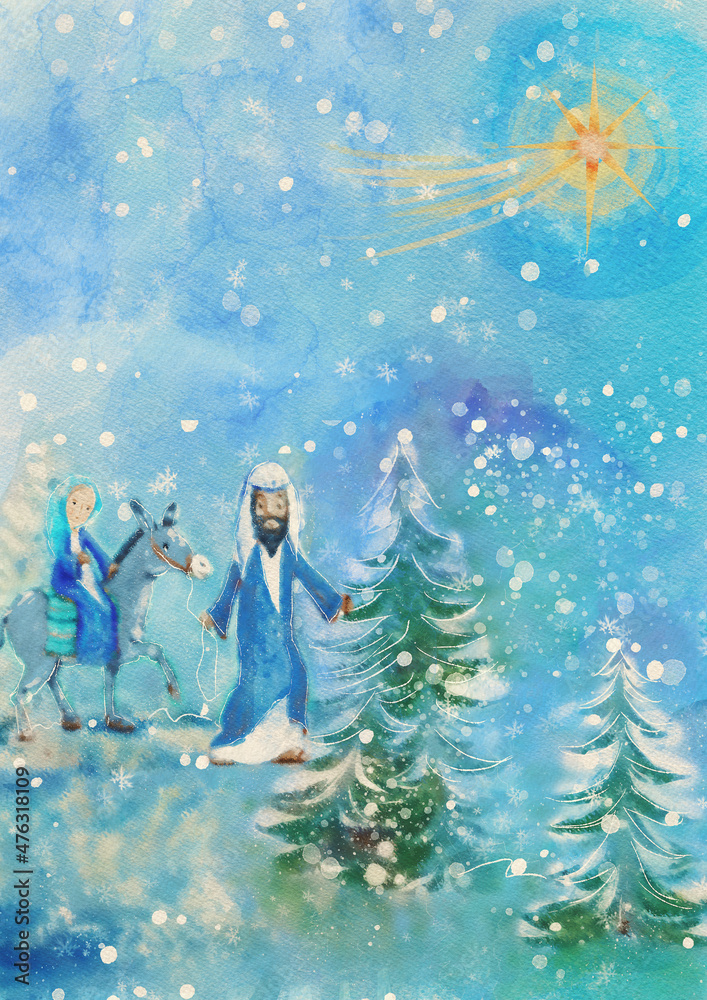 Wall mural Road to Bethlehem. Merry Christmas card. Watercolor.