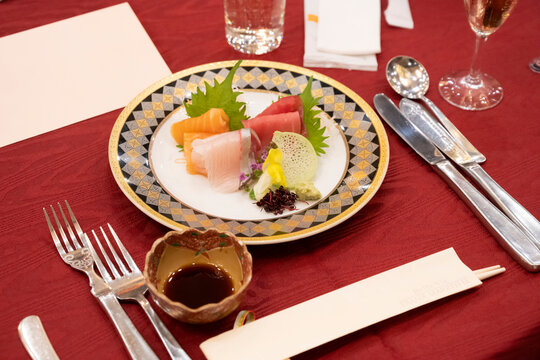Sashimi table set and red tablecloth