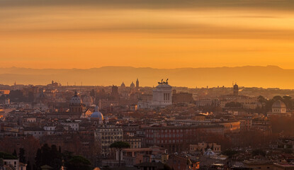 Landscape on Rome from Janiculum terrace, with Fatherland, Trinità dei Monti church, Pantheon and Quirinale palace
