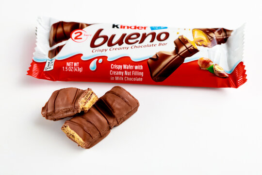May 4, 2021. New York. Pieces of Kinder Bueno milk chocolate bar.