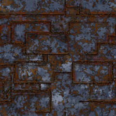 Rusty welded metal plates with alternative panel layout, derelict welded metal. 3D generated seamless texture, high definition pattern. Dark blue metal, roasted partly
