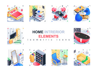 Home interior elements isometric icons set. Furniture, decor and furnishings for bedroom, living room, bathroom, dining and other rooms 3d isometry isolated pack. Vector illustration isometric symbols