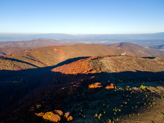 Aerial Autumn sunset view of Konyavska mountain, Bulgaria