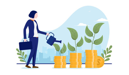 Woman growing money - Female person watering money tree. Economic growth and business profits concept, vector illustration - Powered by Adobe