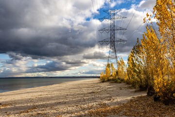 Power lines on the shore of lake Ontario,  in Hamilton beach,  Canada