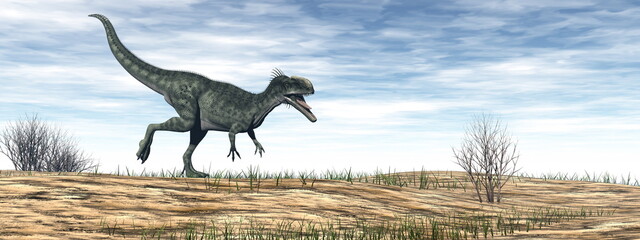 Monolophosaurus dinosaur walking in the desert by day - 3D render
