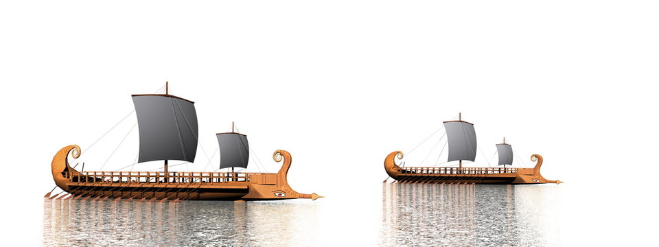 Two greek trireme boats on the water - 3D render