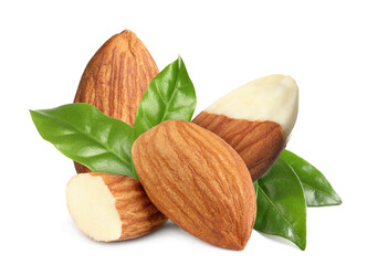 Tasty almonds and fresh green leaves on white background