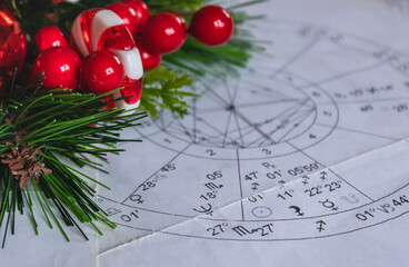 Printed astrology natal chart with Christmas decoration