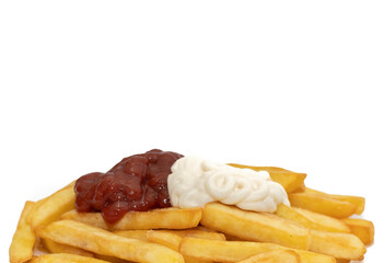 French fries with ketchup and mayonnaise, isolated on white background. Fast food concept.
