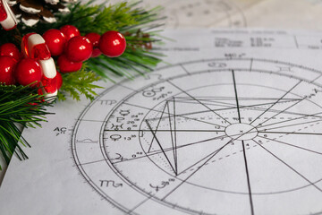 Printed astrology natal chart with Christmas decoration