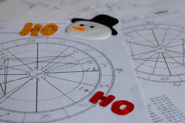 Printed astrology natal chart with a snowman's sticker and the Santa Claus exclamation ho, ho