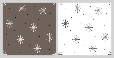 Christmas seamless pattern with isolated painted snowflakes. Flat vector illustration for paper, textile, fabric, prints, wrapping, greeting cards, banners