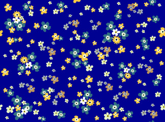 Seamless pattern from stylized delicate of small yellow, blue and white flowers on a dark purple background. Vector drawing for design of textile, fabrics, wallpaper, web sites and other.