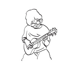 line art boy with glasses playing ukulele illustration vector hand drawn isolated on white background