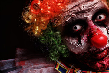 Portrait of terrifying clown, closeup. Halloween party costume