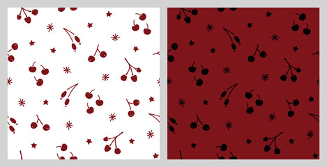 Christmas seamless pattern with isolated painted winter berries, snowflakes. Flat vector illustration for paper, textile, fabric, prints, wrapping, greeting cards, banners