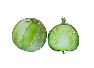Naklejka premium physalis philadelphica. Tomatillo or Mexican husk tomato. Fresh organic green tomatillos (Physalis philadelphica) with a husk. One whole and half isolated on white