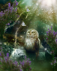 Owl sleeping in fantasy enchanted fairy tale forest and two flying butterflies, sun rays shine...