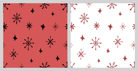 Christmas seamless pattern with isolated painted snowflakes, stars. Flat vector illustration for paper, textile, fabric, prints, wrapping, greeting cards, banners