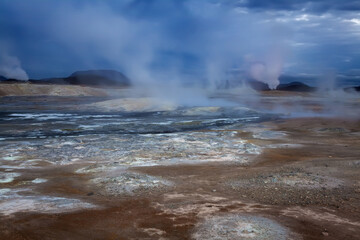 Fumaroles in Namafjall geothermal area (Iceland). After sunset.