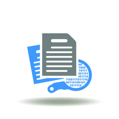 Vector illustration of list of paper with magnifying glass and binary numbers zero one. Icon of information silo. Symbol of digital data search, analysis, processing, transformation.