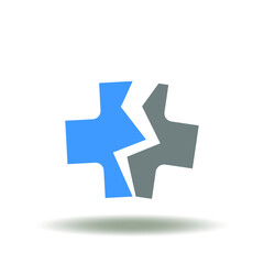 Vector illustration of medical cross broken half on. Icon of medicine malpractice. Symbol of pharmacy negligence.