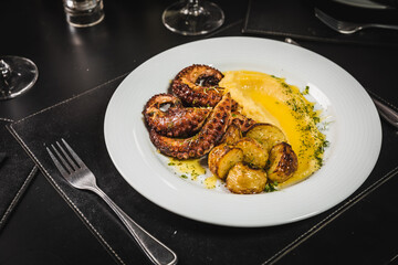 Delicious Contemporary Classic Food Dish Plate Menu Lunch Dinner Gourmet Dessert Chef Pasta Shrimp on the Table