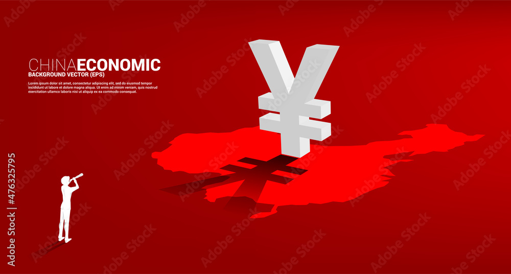 Poster silhouette of businessman looking through telescope to with money yuan currency icon 3d with shadow 
