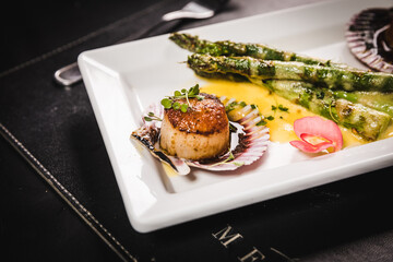 Delicious Contemporary Classic Food Dish Plate Menu Lunch Dinner Gourmet Dessert Chef Pasta Shrimp on the Table