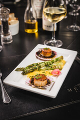 Delicious Contemporary Classic Food Dish Plate Menu Lunch Dinner Gourmet Dessert Chef Pasta Shrimp on the Table