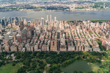Aerial panoramic city view of Upper West Side Manhattan neighborhoods and the most visited urban...