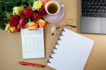 young european woman with long hair holds a thick book in a blue cover in her hands, flips through the pages, concept of fiction, nonfiction, reading, developing hobby