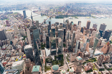 Aerial city view on Lower Manhattan area. Brooklyn and Manhattan bridges over East River, New York...