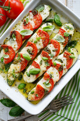 Baked courgettes, zucchini stuffed with caprese salad in a ceramic baking dish, close up view