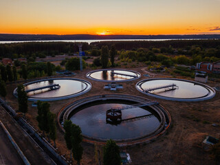 Modern sewage treatment plant, aerial view from drone - obrazy, fototapety, plakaty