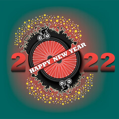 Happy new year. 2022 with bike wheel, player and fans. Original template design for greeting card, banner, poster. Vector illustration on isolated background