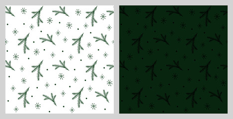 Christmas seamless pattern with isolated painted fir branches, snowflakes. Flat vector illustration for paper, textile, fabric, prints, wrapping, greeting cards, banners