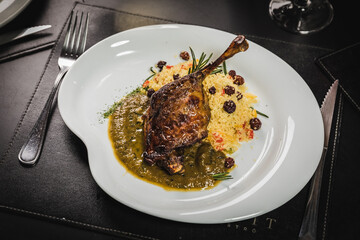 Delicious Contemporary Classic Food Dish Plate Menu Lunch Dinner Gourmet Dessert Chef Pasta Shrimp on the Table