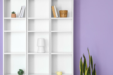 Fototapeta na wymiar Modern shelf unit near color wall