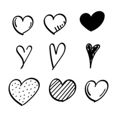 Set of nine hand drawn doodle heart.