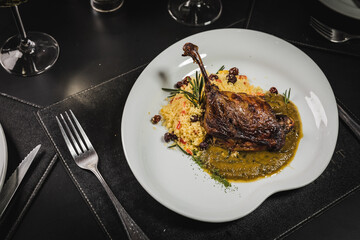 Delicious Contemporary Classic Food Dish Plate Menu Lunch Dinner Gourmet Dessert Chef Pasta Shrimp on the Table